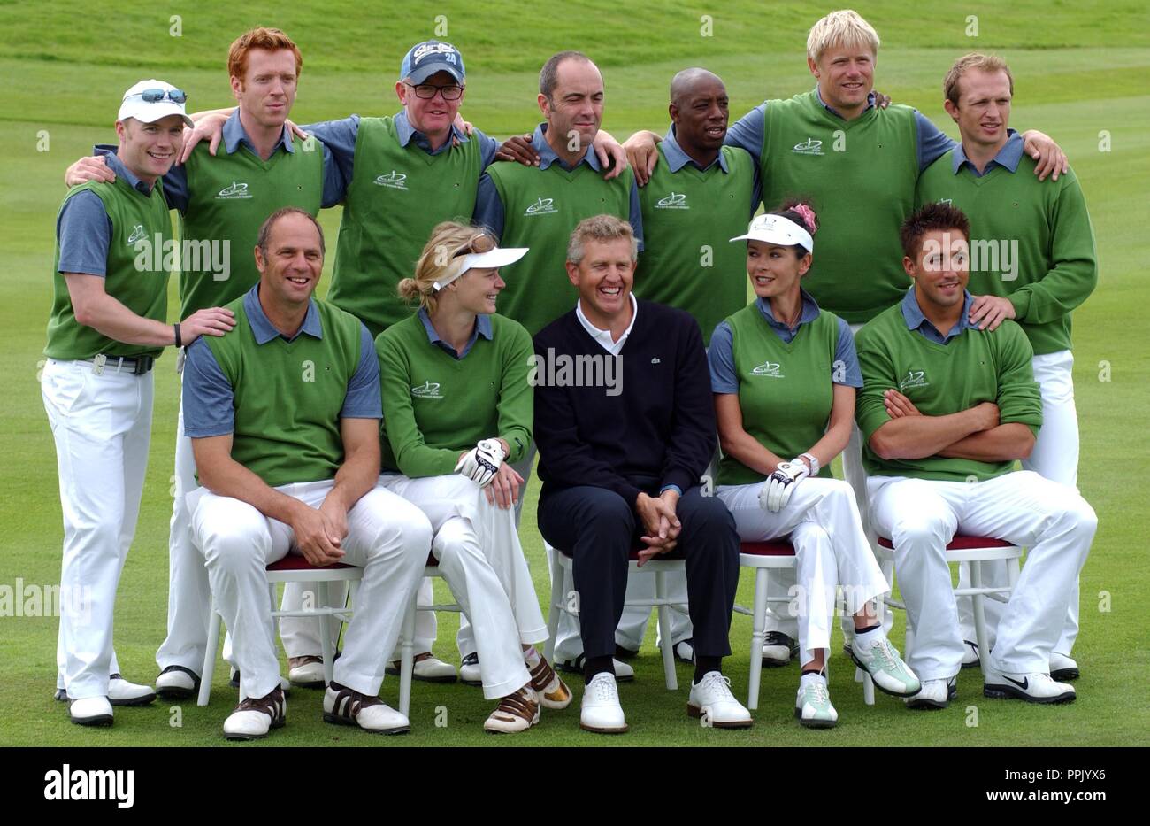 Sky One Allstar Cup at The Celtic Manor Resort, Newport, ( Saturday 27/8/05 ). The European Team.  Left to right standing, Ronan Keating, Damian Lewis,  Chris Evans, James Nesbitt., Ian Wright, Peter Schmeichel and Matt Dawson. Seated left to right are Sir Steve Redgrave,  Jodie Kidd, Colin Montgomerie, Welsh born Holywood actress Catherine Zeta Jones and Gavin Henson,. Stock Photo