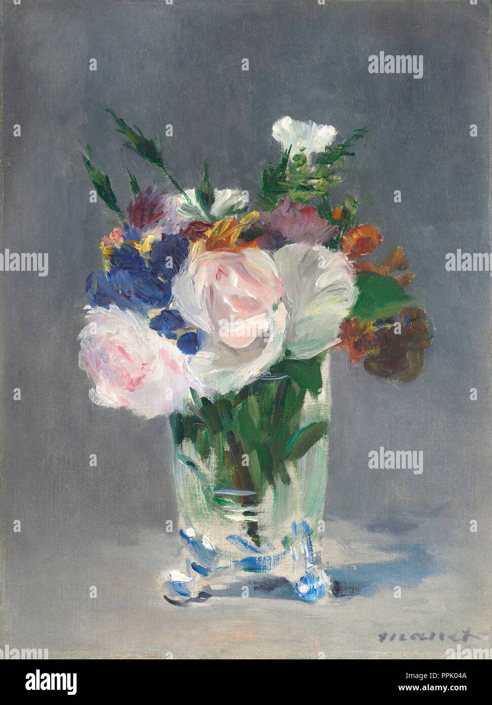Flowers in a Crystal Vase. Dated: c. 1882. Dimensions: overall: 32.7 x 24.5 cm (12 7/8 x 9 5/8 in.)  framed: 52.7 x 44.8 x 8.3 cm (20 3/4 x 17 5/8 x 3 1/4 in.). Medium: oil on canvas. Museum: National Gallery of Art, Washington DC. Author: EDOUARD MANET. Stock Photo