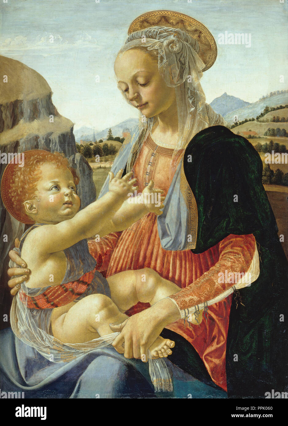 Madonna and Child. Date/Period: 15th century. Painting. Oil on poplar wood. Height: 75.8 cm (29.8 in); Width: 54.6 cm (21.4 in). Author: Andrea del Verrocchio. VERROCCHIO, ANDREA DEL. Stock Photo