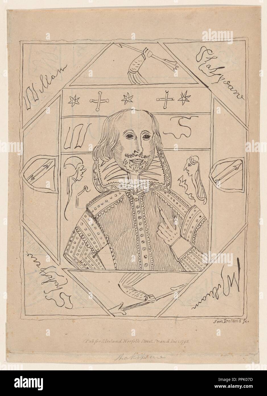 William Shakespeare. Artist and publisher: Etched and published by Samuel Ireland (British, active from ca. 1760, died London 1800). Dimensions: Plate: 9 1/4 × 6 11/16 in. (23.5 × 17 cm)  Sheet: 9 7/16 × 6 11/16 in. (24 × 17 cm). Sitter: William Shakespeare (British, Stratford-upon-Avon 1564-1616 Stratford-upon-Avon). Date: 1795.  This etching reproduces a supposed self-portrait sketch by Shakespeare actually created by William Henry Ireland during a famous forgery scandal of the 1790s. Ireland faked a cache of letters, documents, and drafts of plays calculated to shed light on the Bard's life Stock Photo
