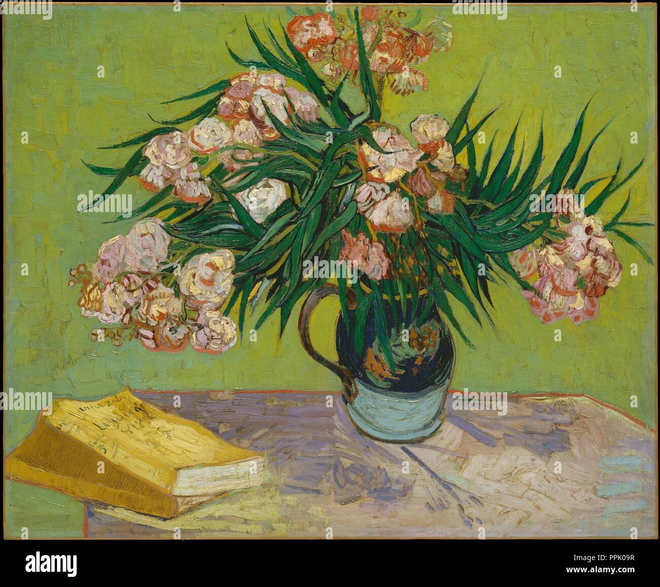 Oleanders. Artist: Vincent van Gogh (Dutch, Zundert 1853-1890 Auvers-sur-Oise). Dimensions: 23 3/4 x 29 in. (60.3 x 73.7 cm). Date: 1888.  For Van Gogh, oleanders were joyous, life-affirming flowers that bloomed 'inexhaustibly' and were always 'putting out strong new shoots.' In this painting of August 1888 the flowers fill a majolica jug that the artist used for other still lifes made in Arles. They are symbolically juxtaposed with Émile Zola's <i>La joie de vivre</i>, a novel that Van Gogh had placed in contrast to an open Bible in a Nuenen still life of 1885. Museum: Metropolitan Museum of  Stock Photo