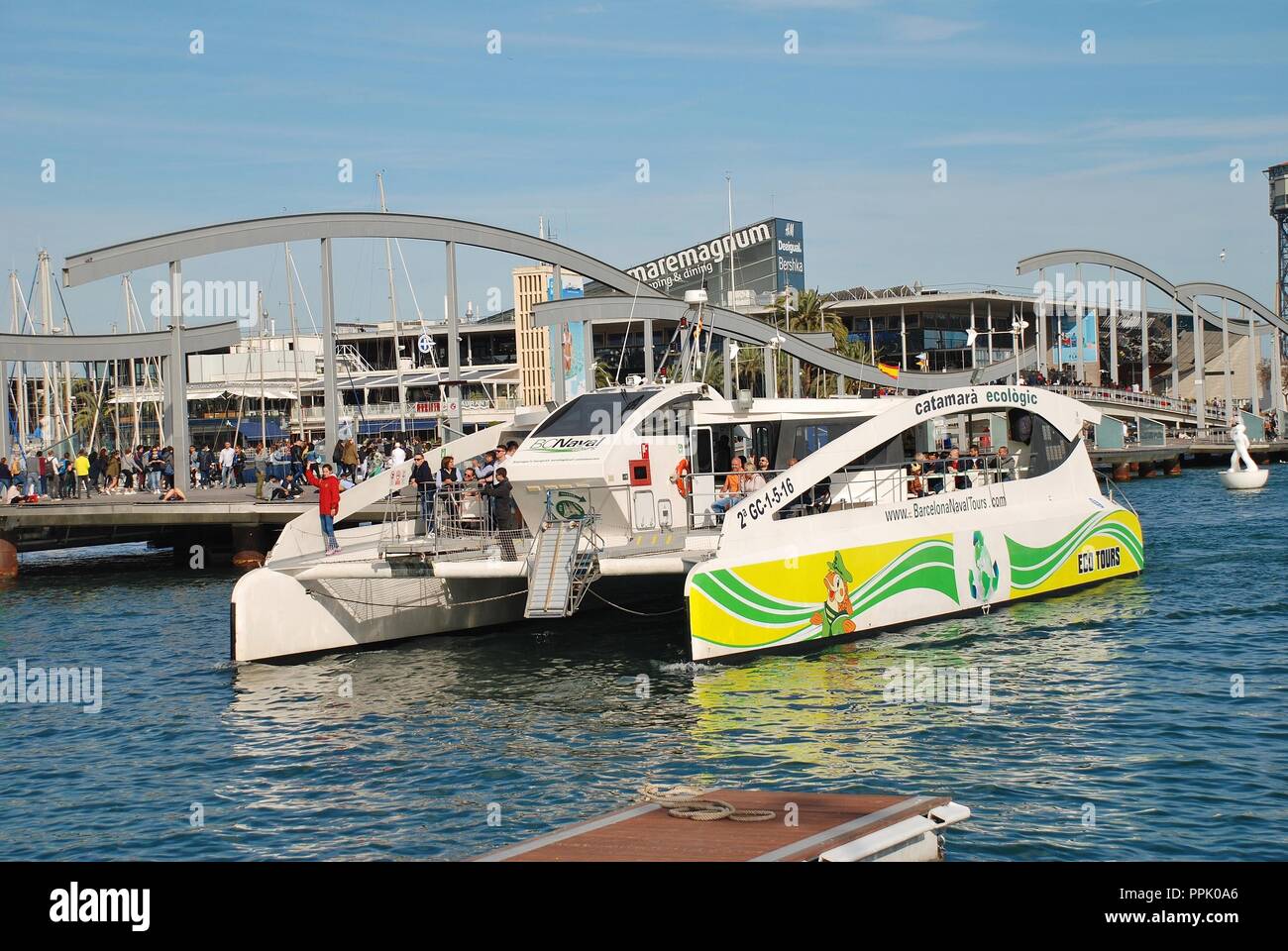 Eco Slim, Europe's largest ecological catamaran, docks at Port Vell in  Barcelona, Catalonia on April 15, 2018 Stock Photo - Alamy