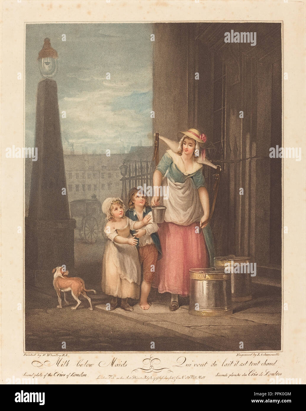 Milk below Maids. Dated: 1793. Medium: color stipple engraving. Museum: National Gallery of Art, Washington DC. Author: Luigi Schiavonetti after Francis Wheatley. Francis Wheatley. Stock Photo
