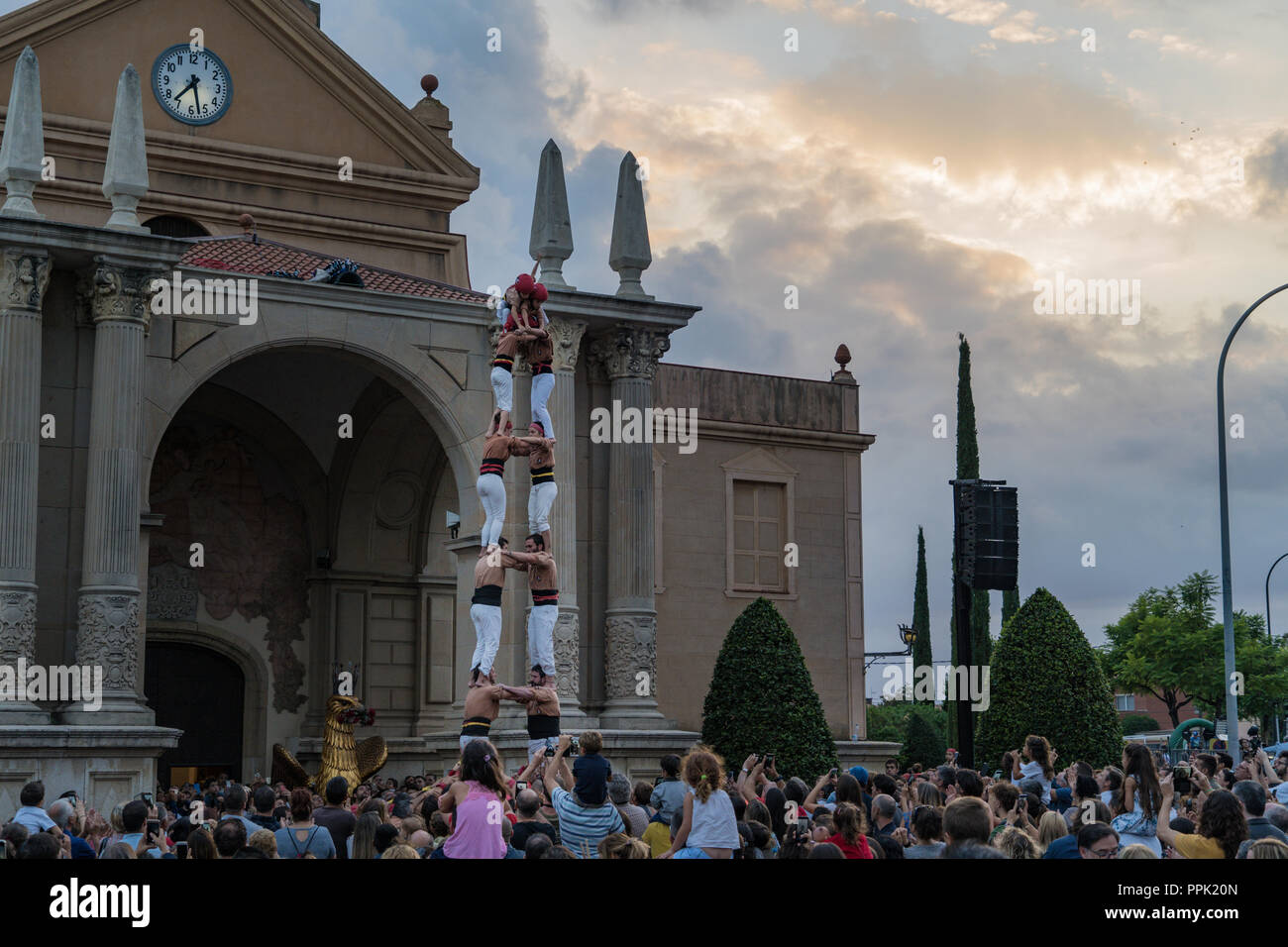 Reus, Spain. September 2018: Castells or human towers Performance, built traditionally in Catalonia. Human towers were inscribed in 2010 on the Repres Stock Photo