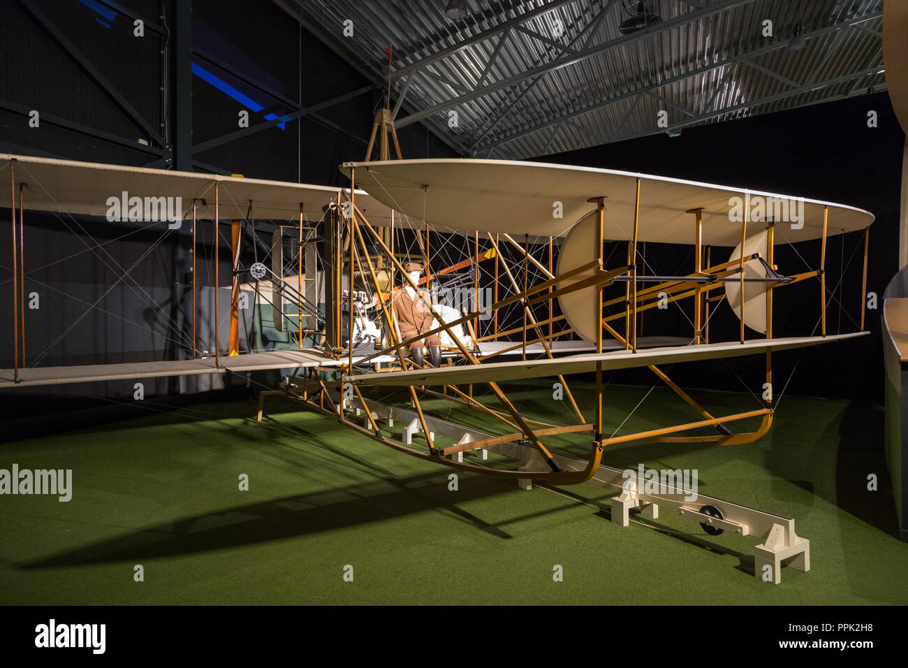 Replica of the 1903 Wright Flyer, the first powered aircraft to fly, on display at the Aviodrome Aviation Theme Park. Stock Photo