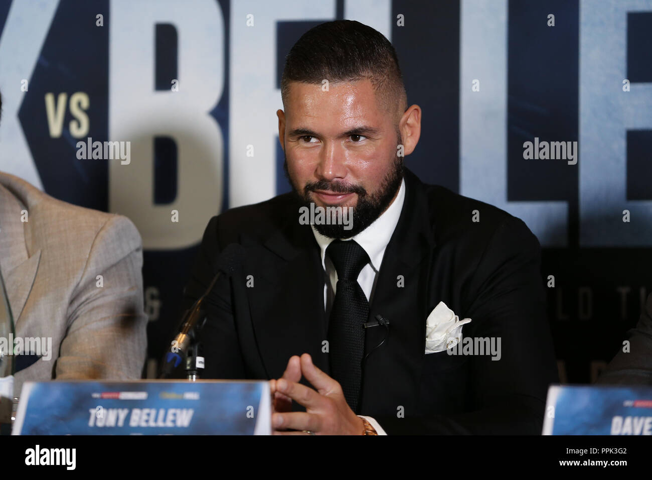 Tony Bellew smiles during the Oleksandr Usyk and Tony Bellew press conference in Manchester, UK. Picture date: 24th September 2018. Picture credit sho Stock Photo