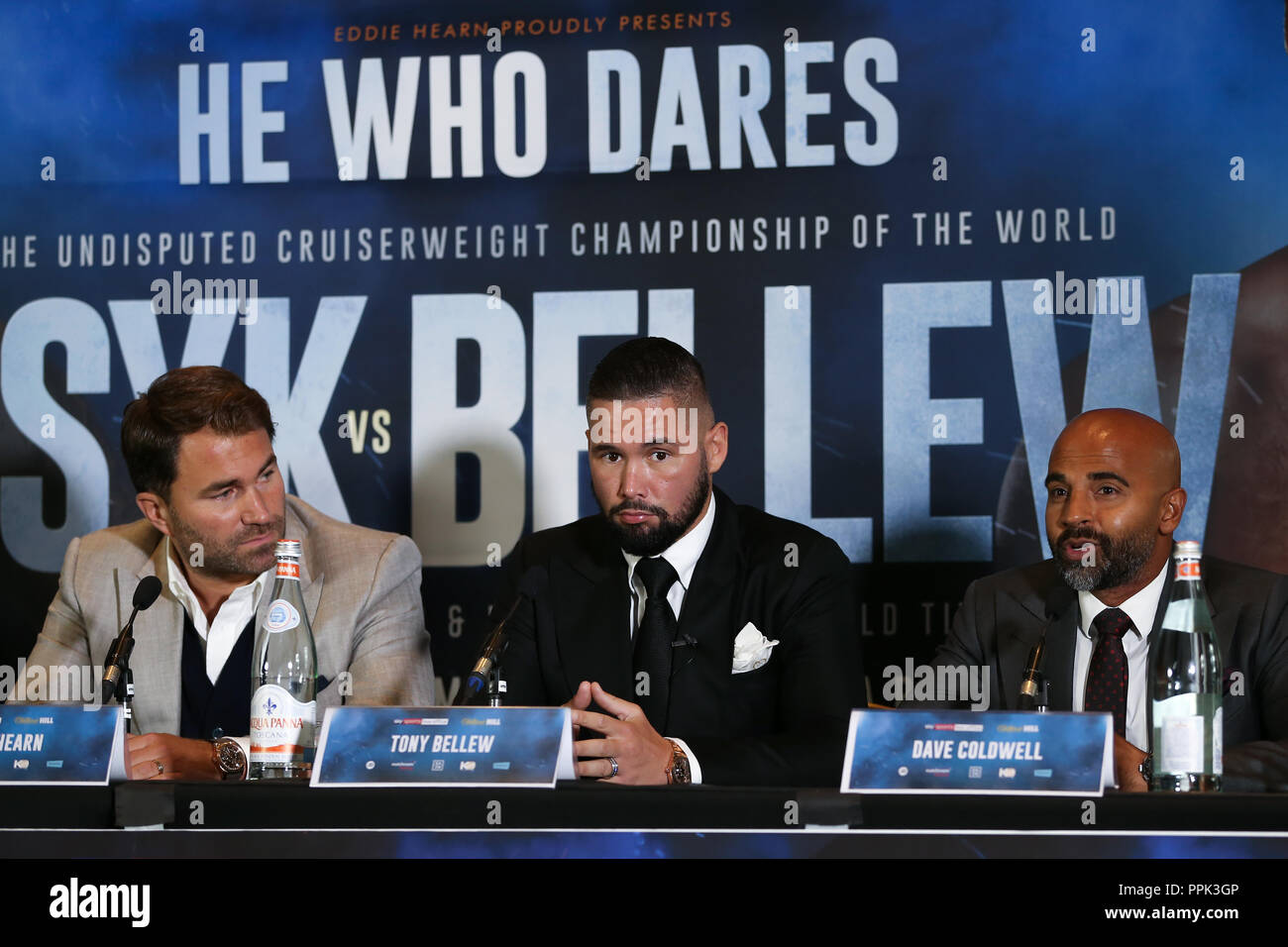 Tony Bellew and his team (Eddie Hearn and David Coldwell) during the Oleksandr Usyk and Tony Bellew press conference in Manchester, UK. Picture date:  Stock Photo