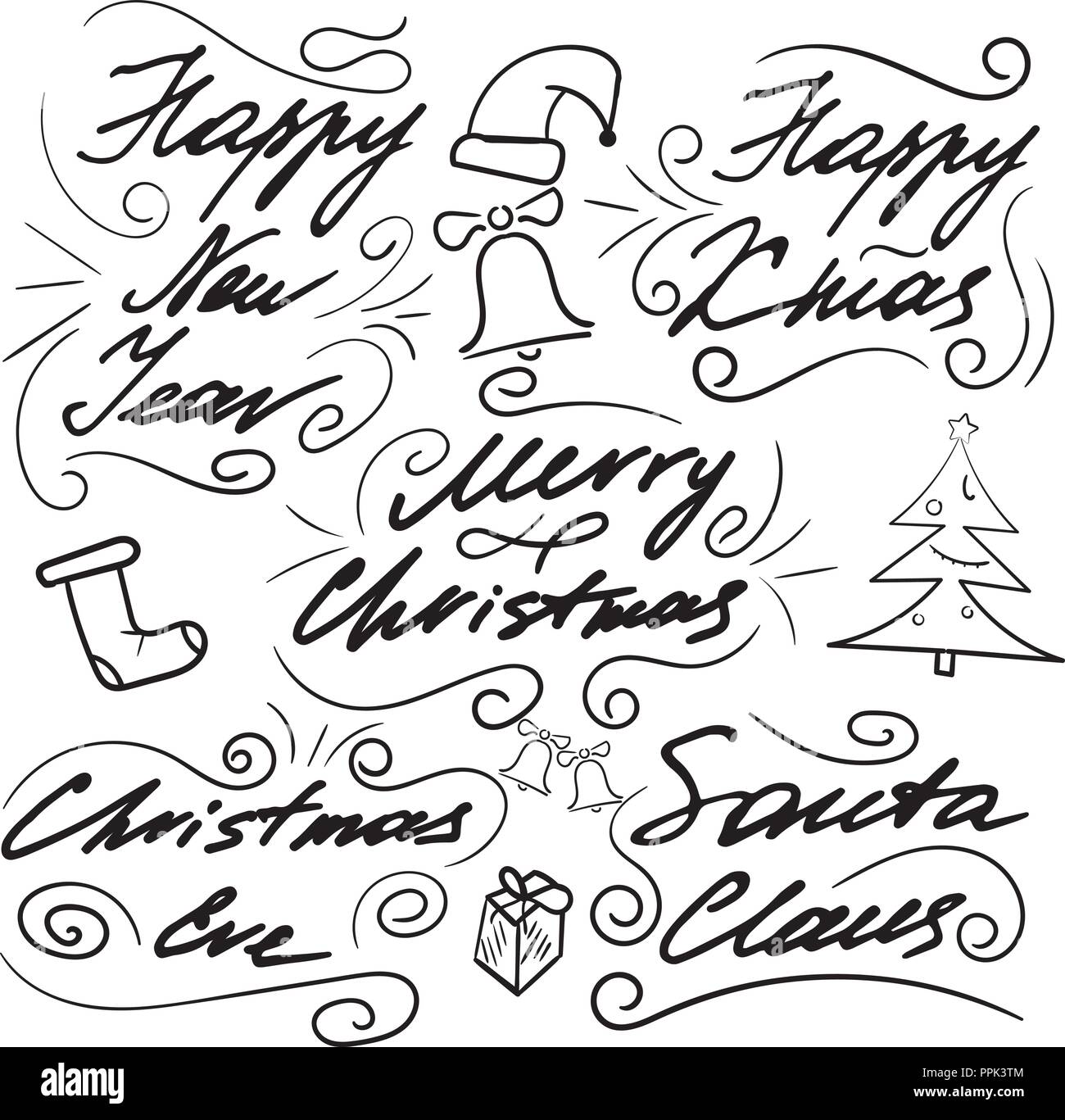 Set of lettering for Christmas cards and congratulations. Hand drawing. Elements of design. A cap, a sock, bells and a Christmas tree. Stock Vector