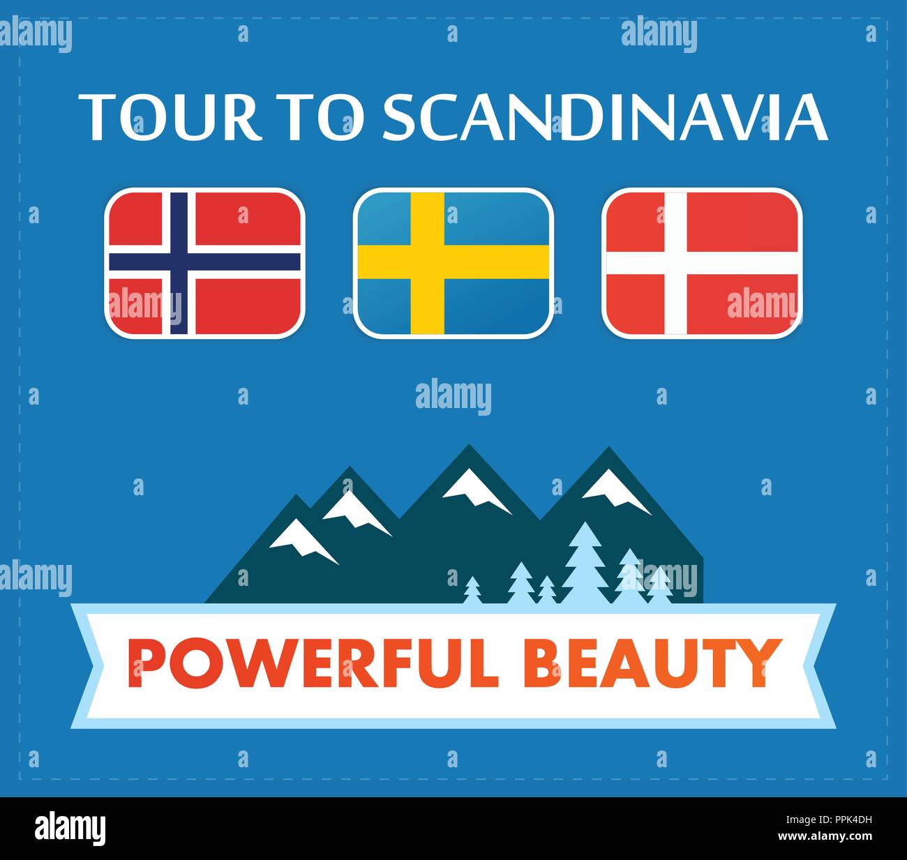 Poster with Flags of Scandinavian Countries and Mountain Landscape Stock Vector