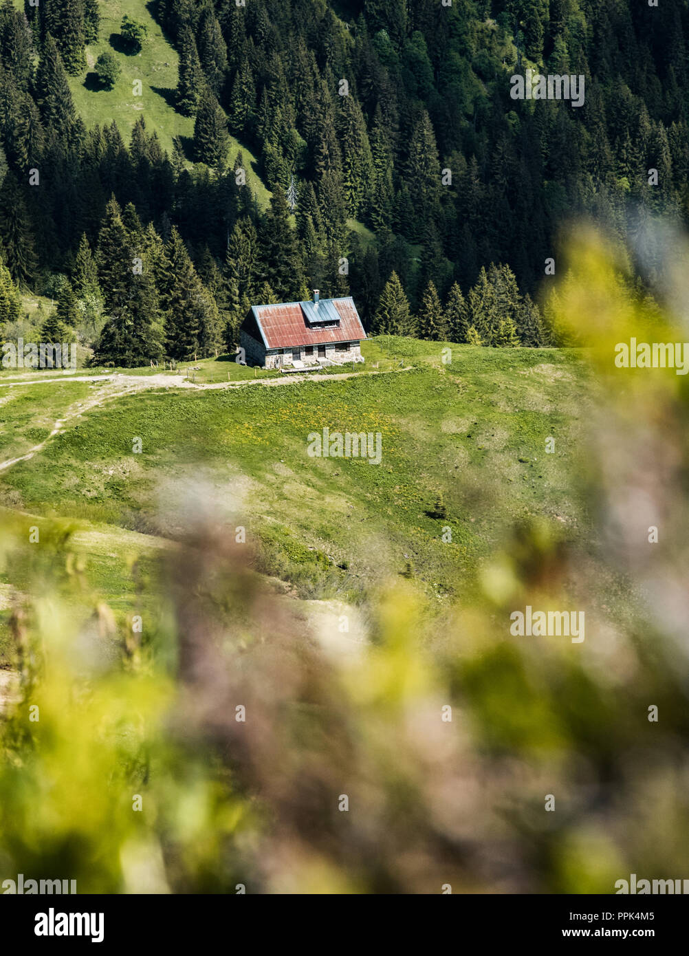 isolated cottage in the middle of the alps Stock Photo