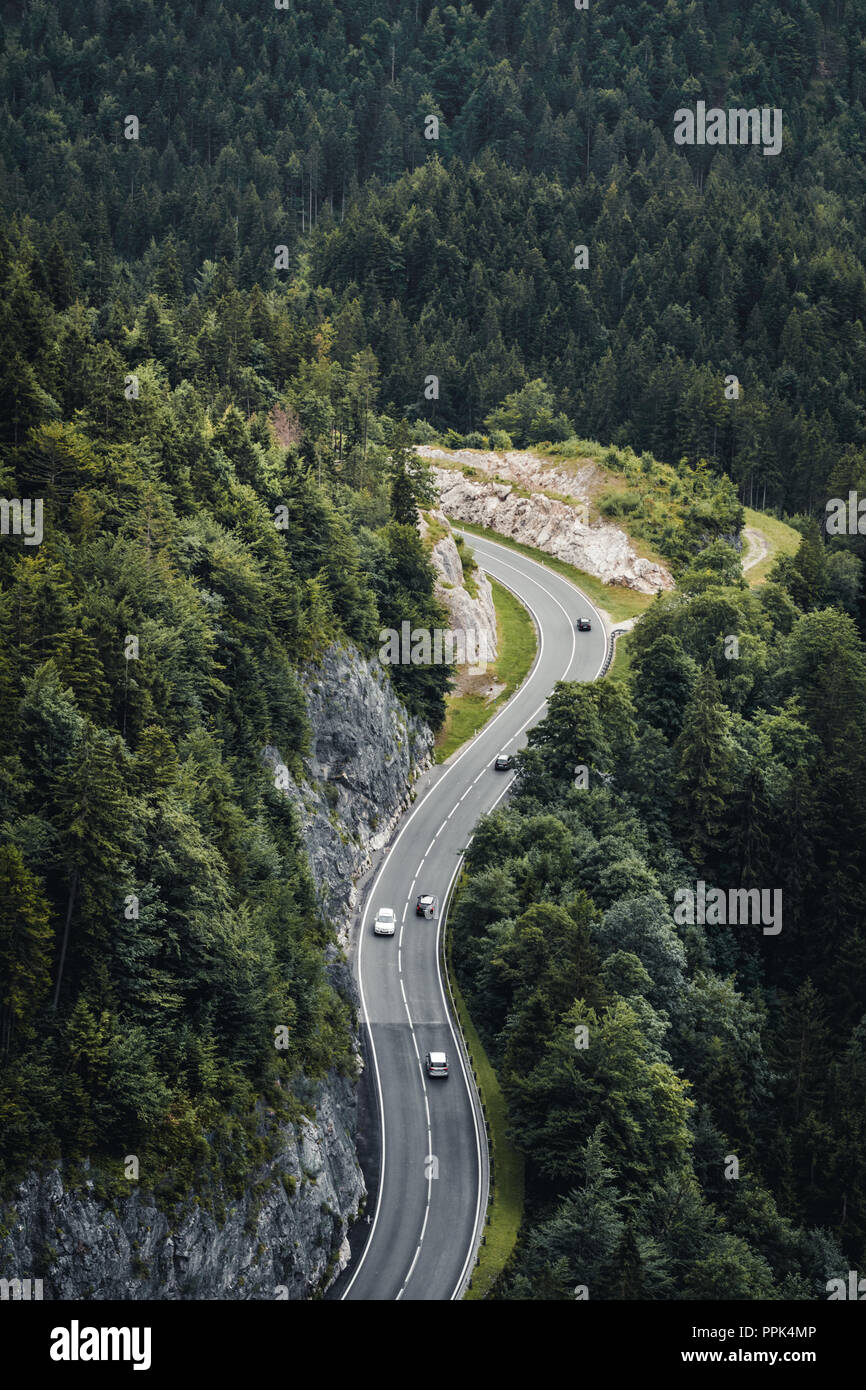 alpine road with a bunch of cars surrounded by forest Stock Photo