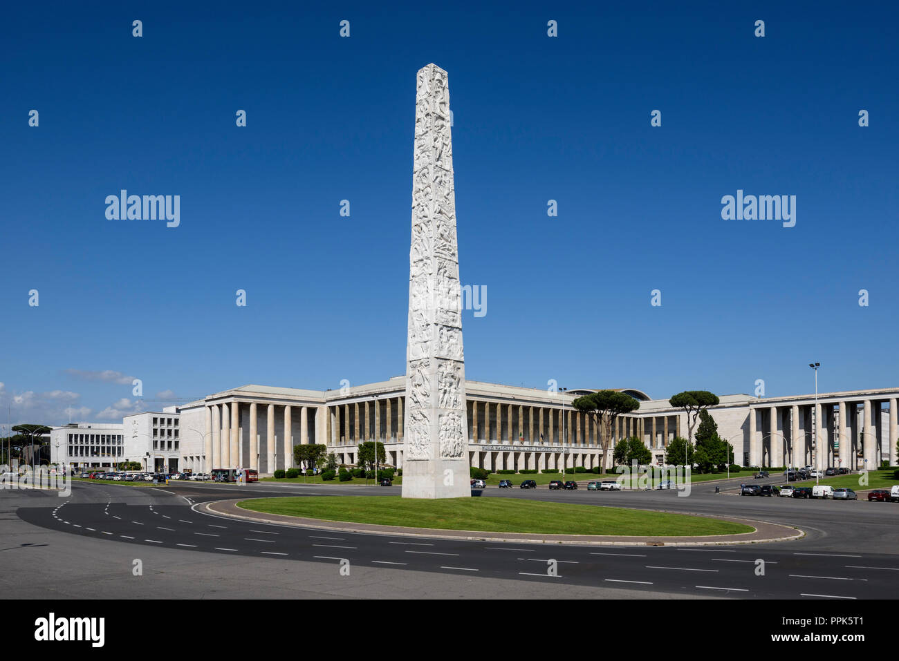 Rome. Italy. EUR. The obelisk dedicated to Guglielmo Marconi on the Piazza Guglielmo Marconi.  The 45 metre high obelisk made with reinforced concrete Stock Photo