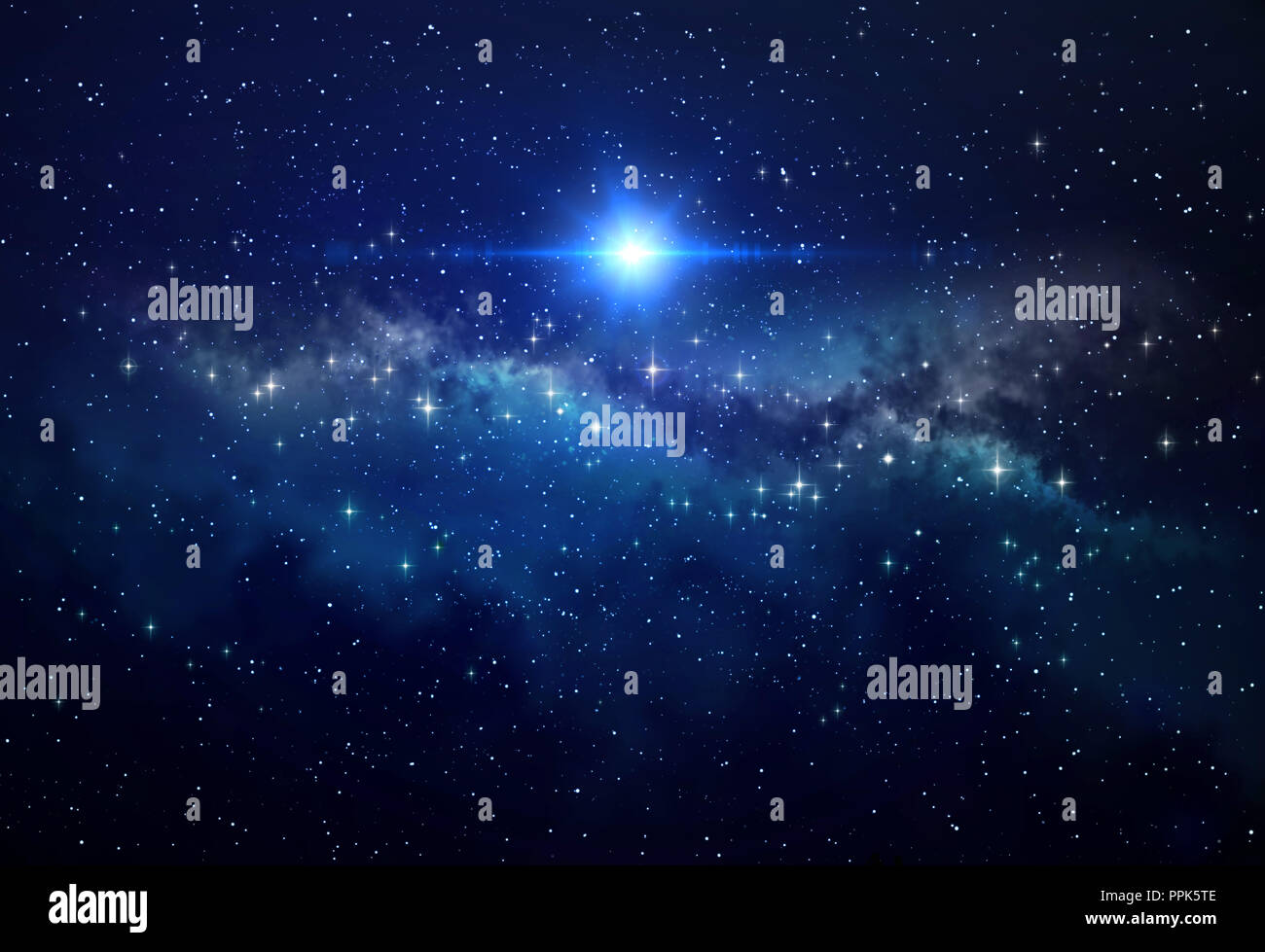 Bright blue star shining in deep space, stellar explosion behind star clusters. High resolution galaxy background. Stock Photo