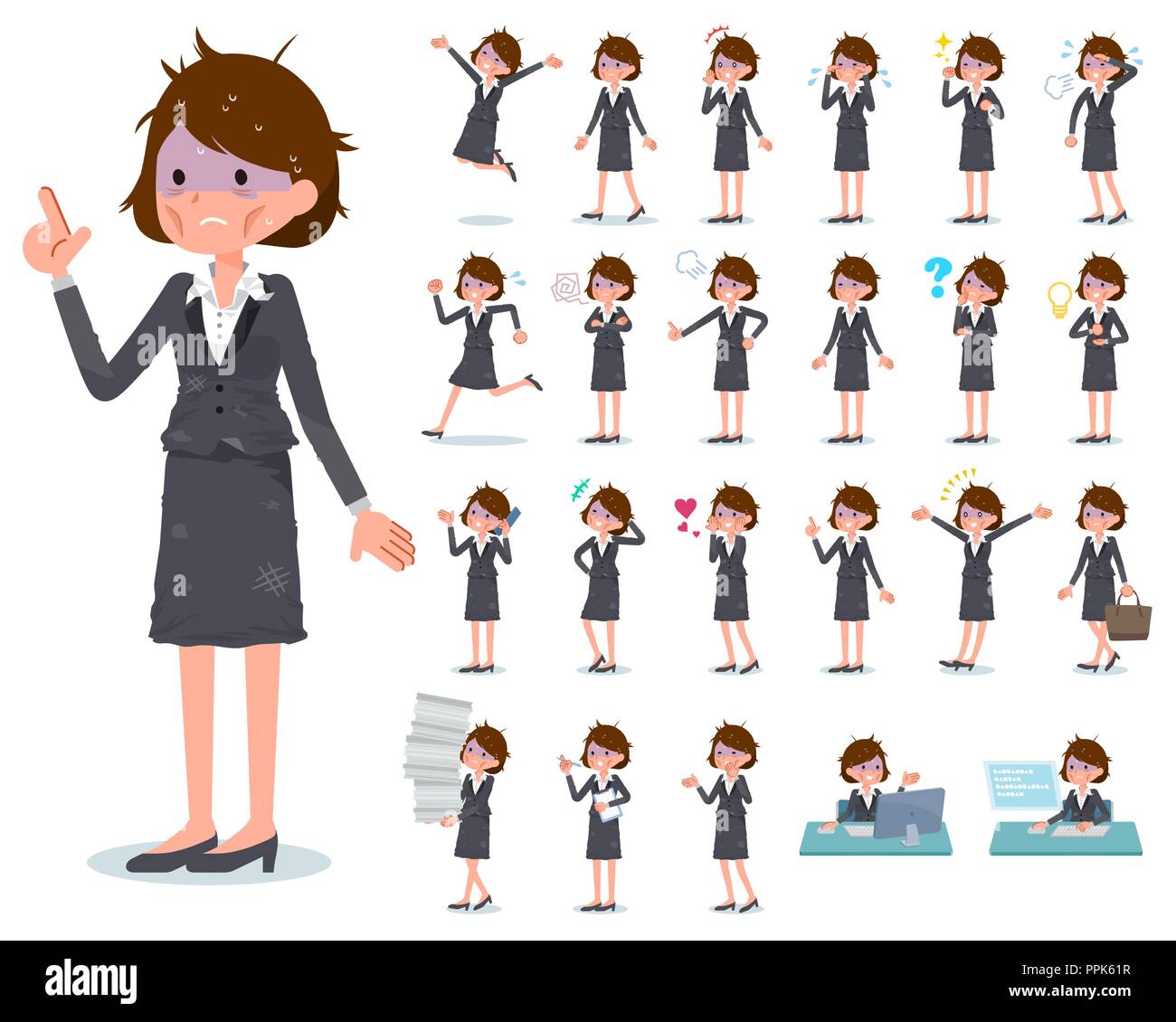 A set of bad condition women with who express various emotions.There are actions related to workplaces and personal computers.It's vector art so it's  Stock Vector