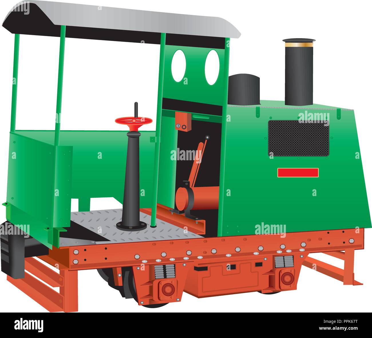 A Vintage Green and Red Oxide Painted Four Wheeled Narrow Gauge Diesel Engine Locomotive with brass fittings used in Quarries and Industrial Sites Stock Vector
