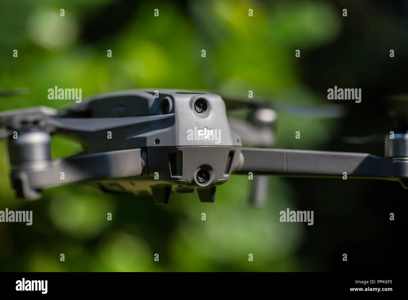 rear view close up DJI mavic 2 pro rear view that is hovering on air Stock Photo