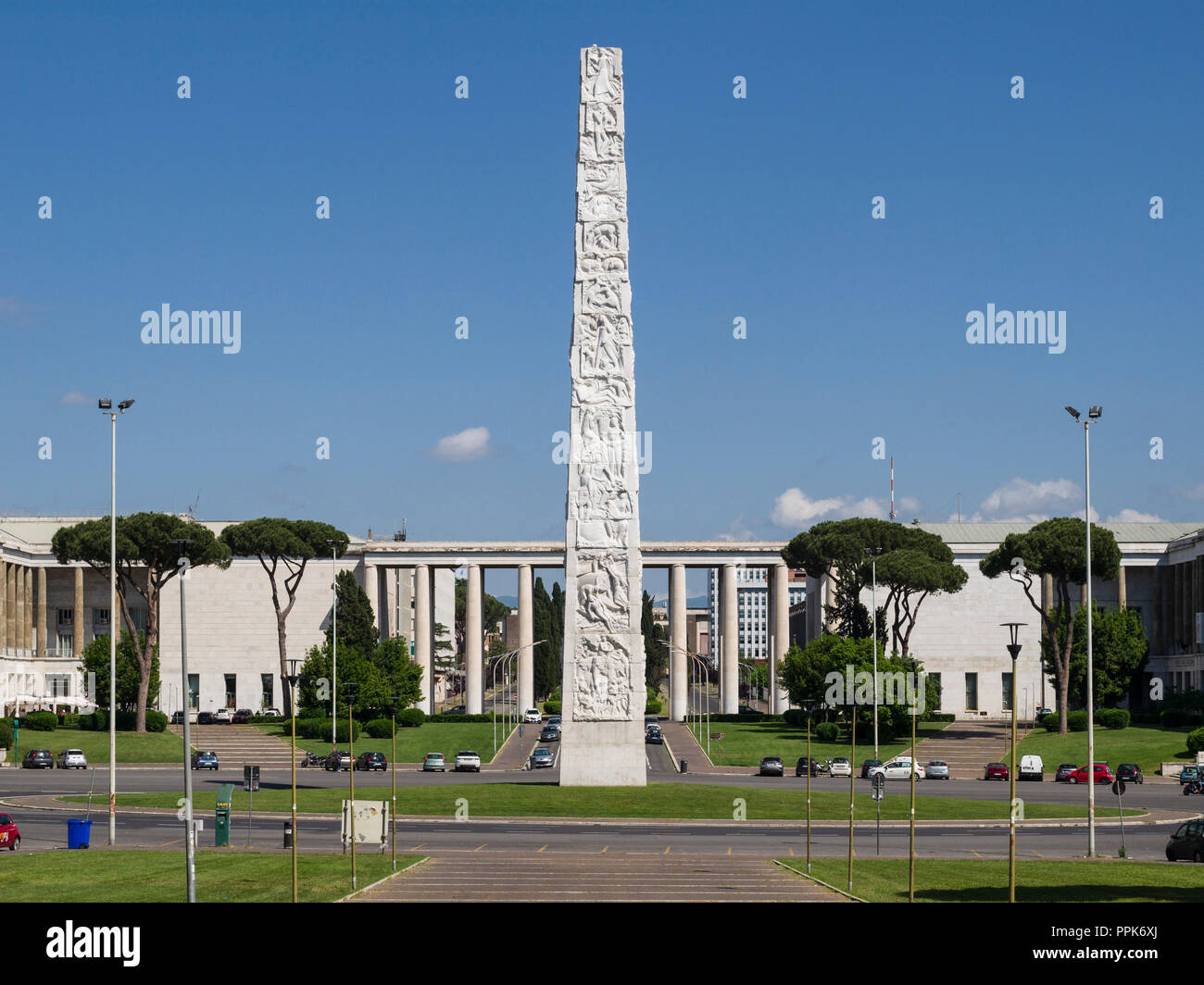 Rome. Italy. EUR. The obelisk dedicated to Guglielmo Marconi on the Piazza Guglielmo Marconi.  The 45 metre high obelisk made with reinforced concrete Stock Photo