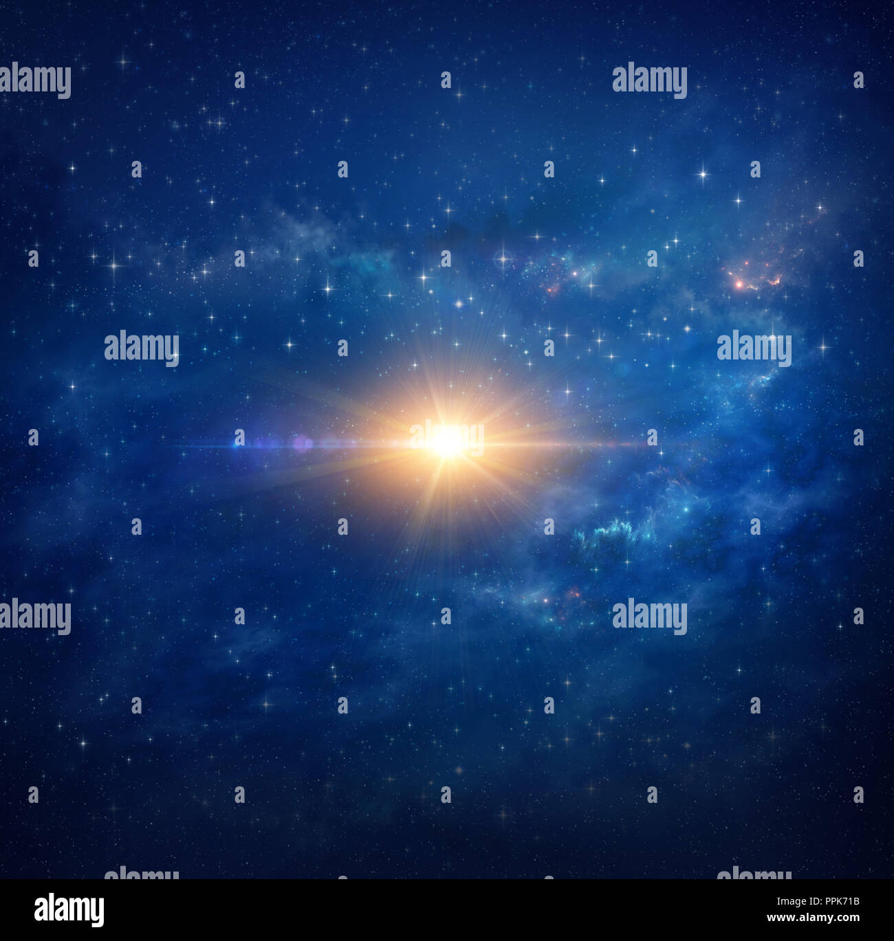 Bright star shining in deep space, stellar explosion in star clusters. High resolution galaxy background. Stock Photo
