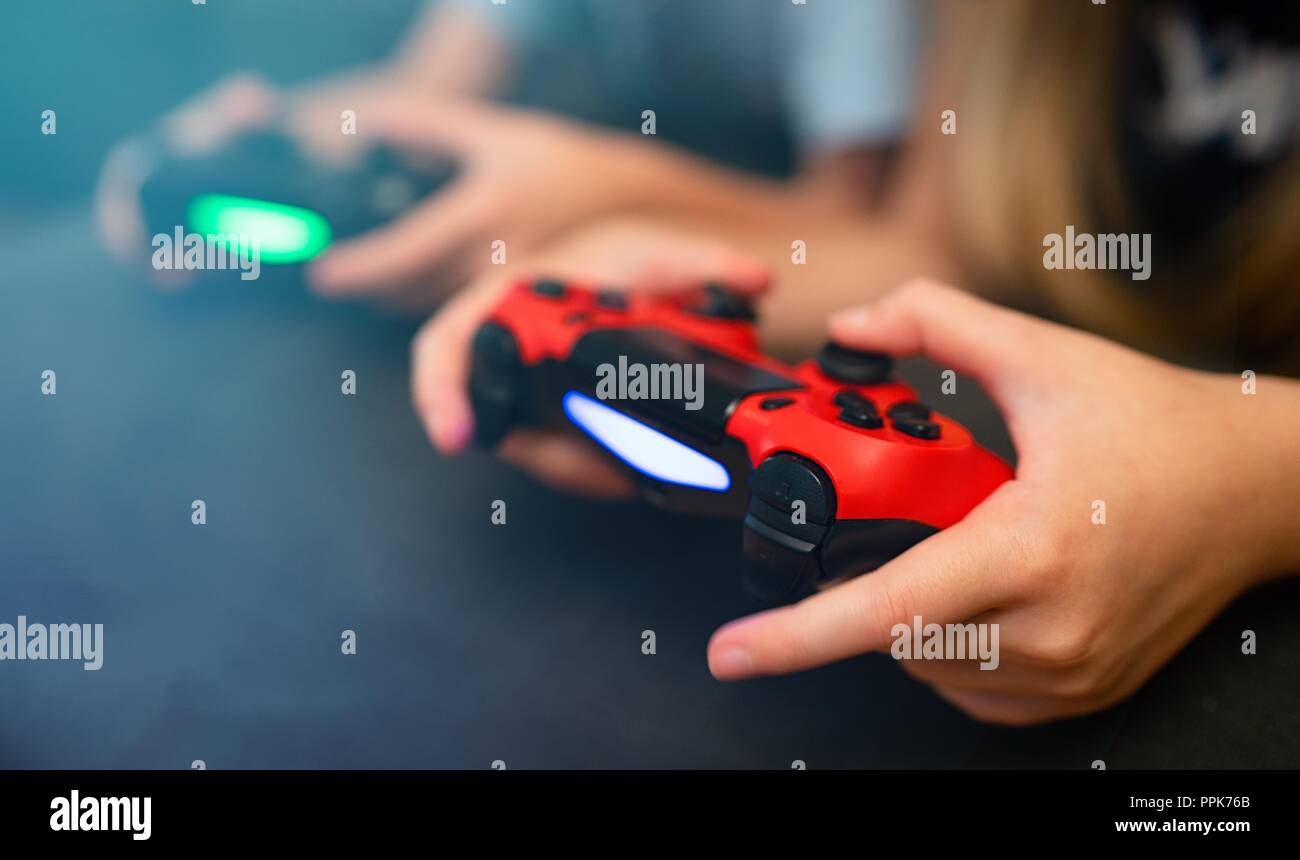 Children playing video games Stock Photo