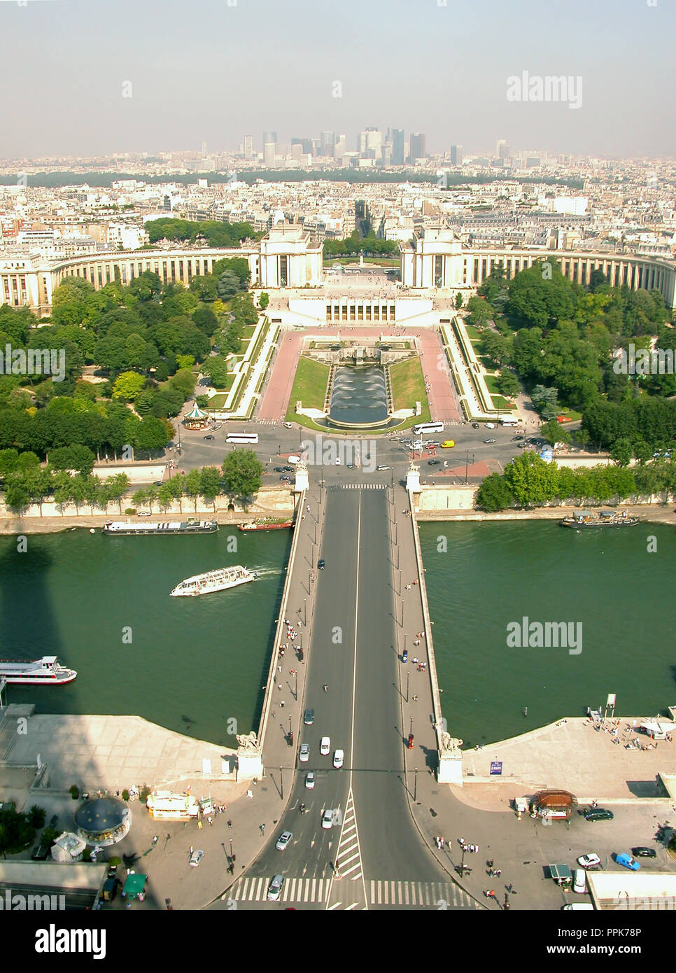 View from Eiffel Tower, Paris, France: the Seine, Pont d'Iéna; Jardins de Trocadéro, Palais de Chaillot, Bois de Boulogne and La Défense in the distance Stock Photo