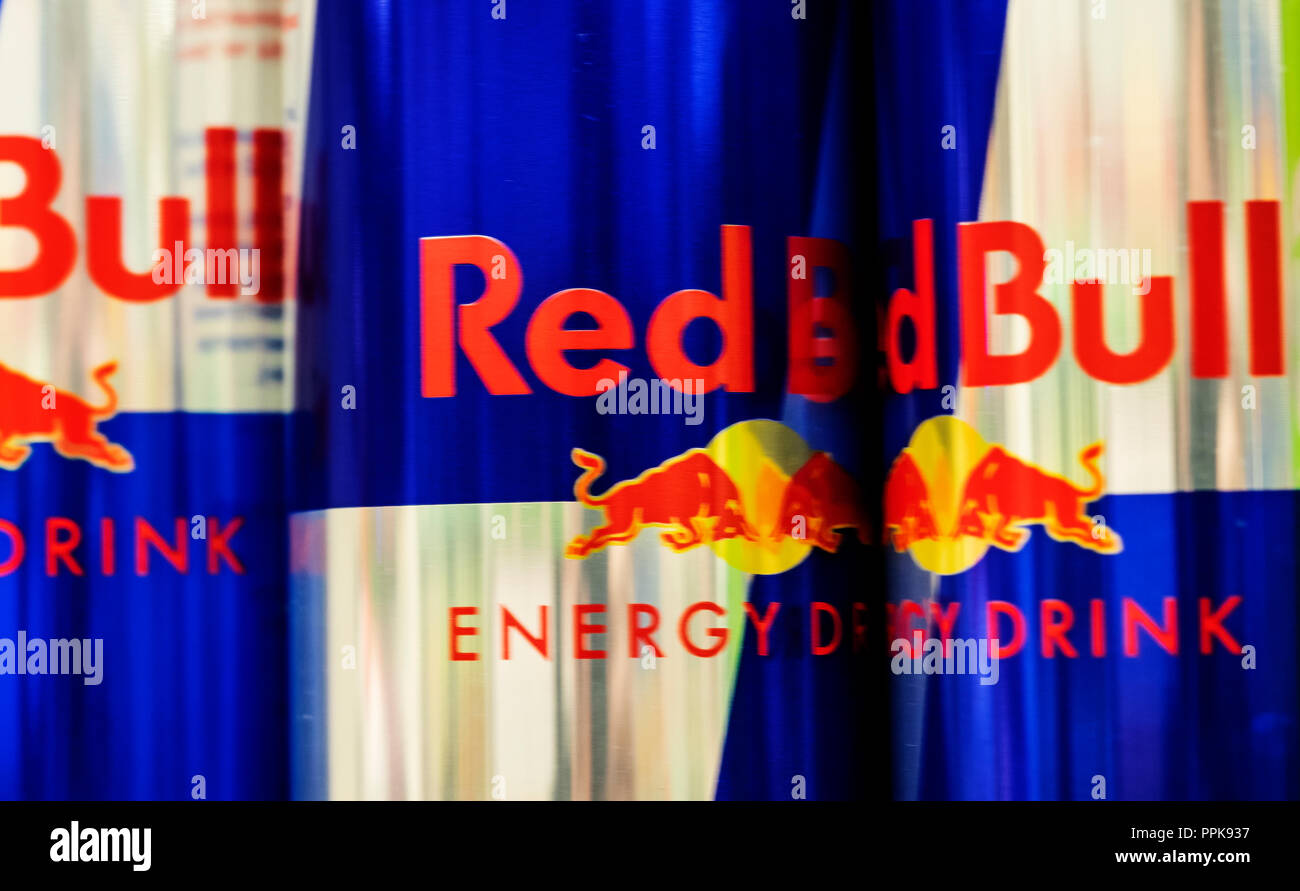 Aluminium can of Red Bull Energy drink. Red Bull is the most popular energy drink in the world. Stock Photo