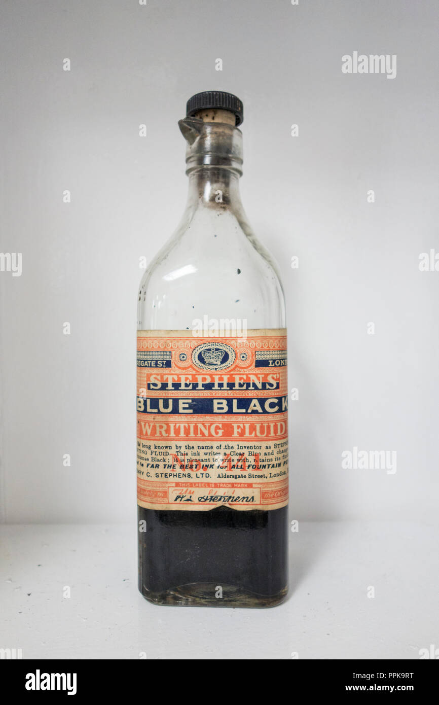 Stephens Blue Black writing fluid bottles on display at Stephens House