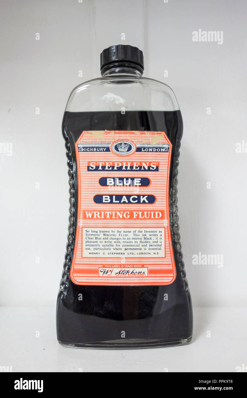 Stephens Blue Black writing fluid bottles on display at Stephens House and Gardens, Finchley, London, UK Stock Photo