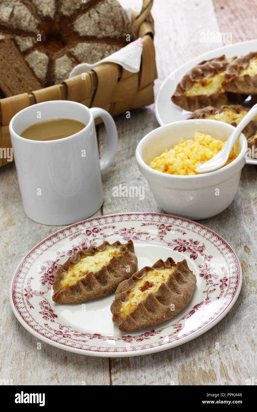 karjalanpiirakka ja munavoi, karelian pie and egg butter, finnish food, finland breakfast Stock Photo