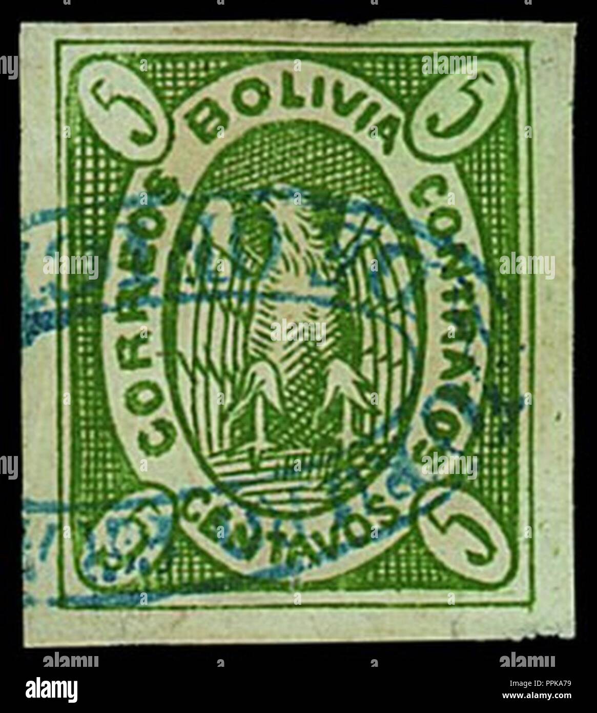 Bolivia 1867 5c yellow green Condor with blue oval town cancel.. Stock Photo