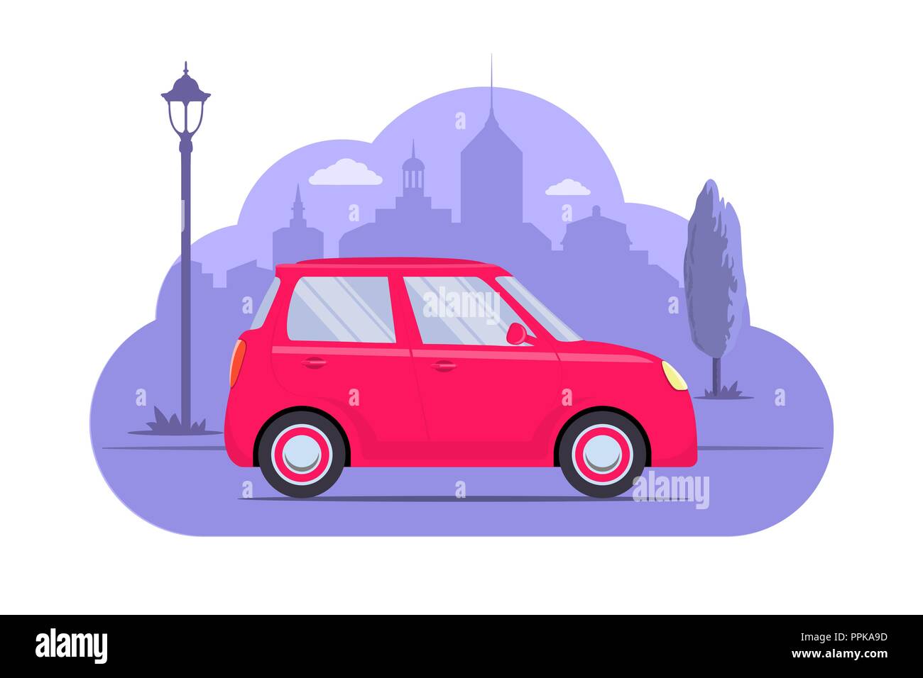 Cute car on city silhouette background. Pink car on purple monochrome background. Car concept illustration for app or website. Modern transport. Flat  Stock Vector