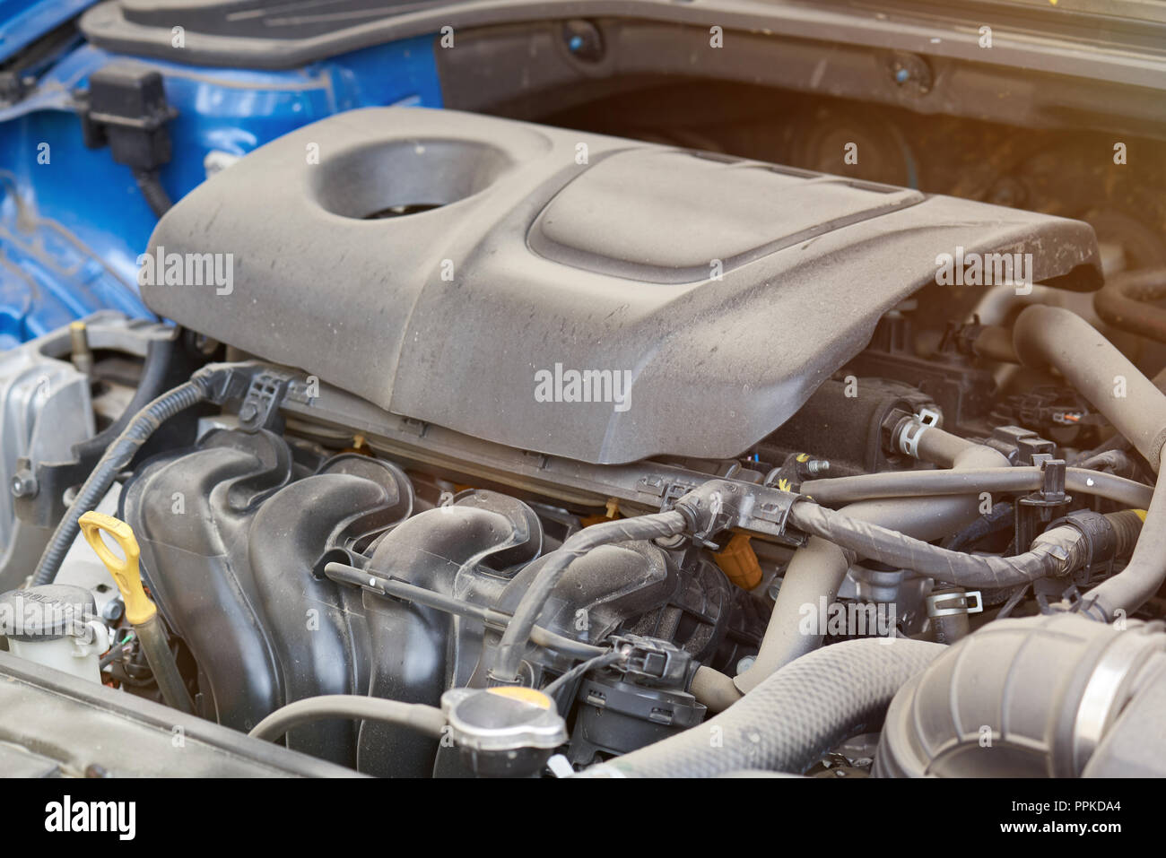 Modern dirty car engine close up view Stock Photo