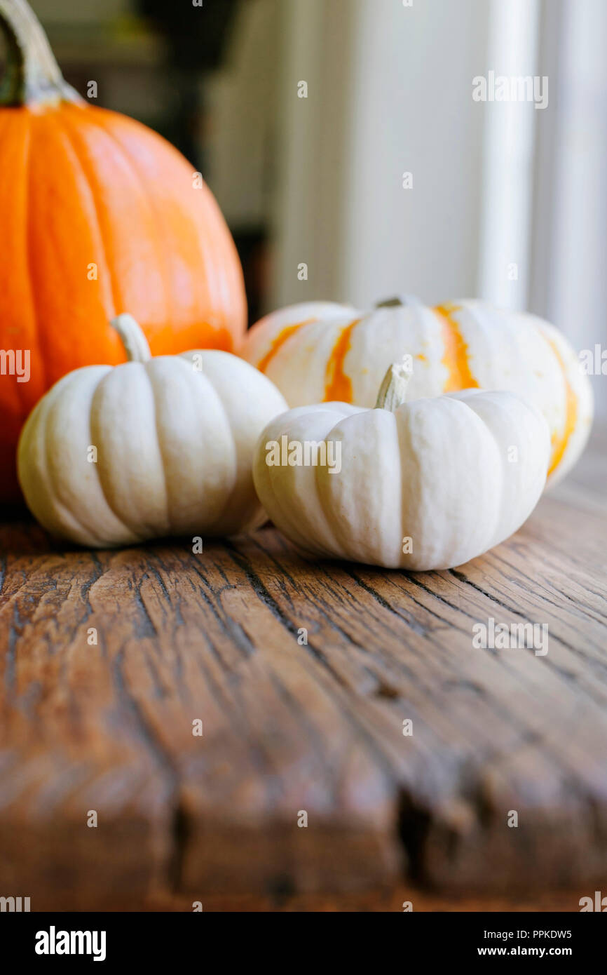 Festive Fall scene with pumpkins on a wood table Stock Photo - Alamy