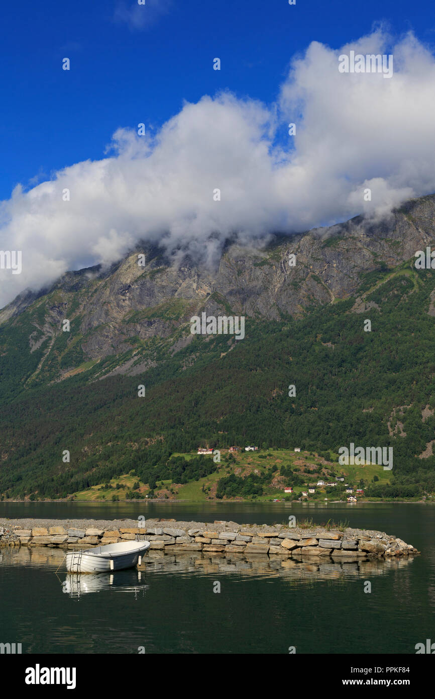 Boat, Skjolden Village, Sognefjord, Sogn og Fjordane County, Norway Stock Photo