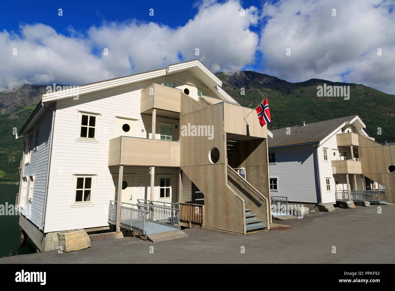 Holiday homes, Skjolden Village, Sognefjord, Sogn og Fjordane County, Norway Stock Photo