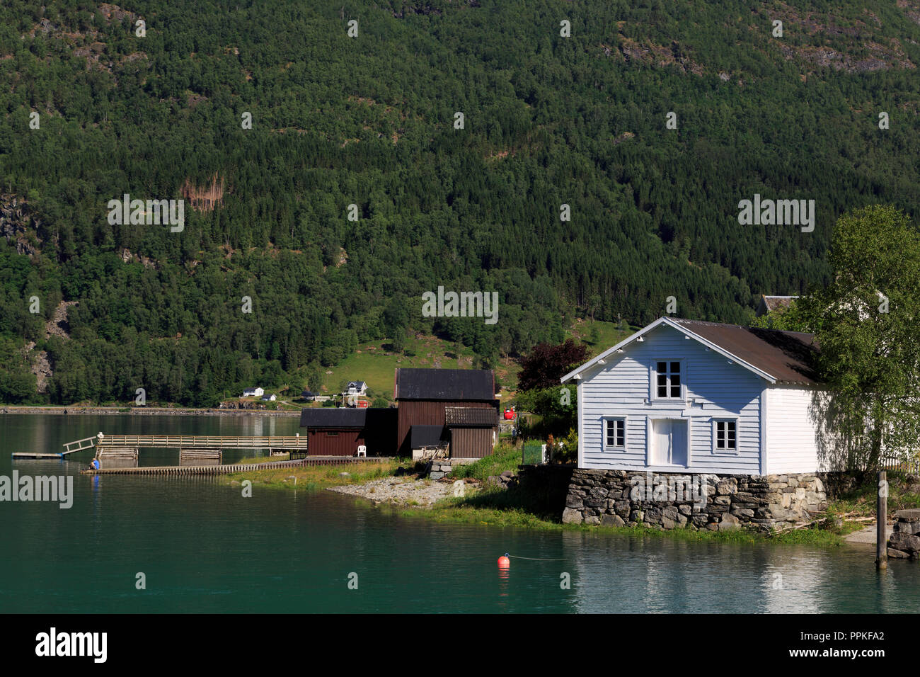 Buildings & Eidselvi River, Skjolden Village, Sognefjord, Sogn og Fjordane County, Norway Stock Photo