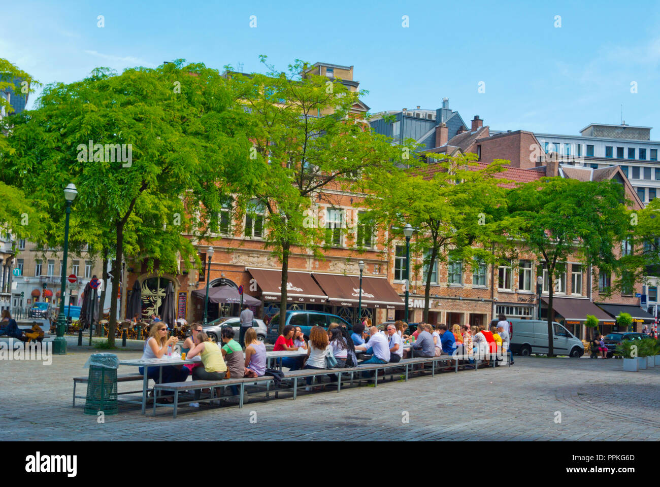 Picnic tables, Place Sainte-Catherine, Brussels, Belgium Stock Photo