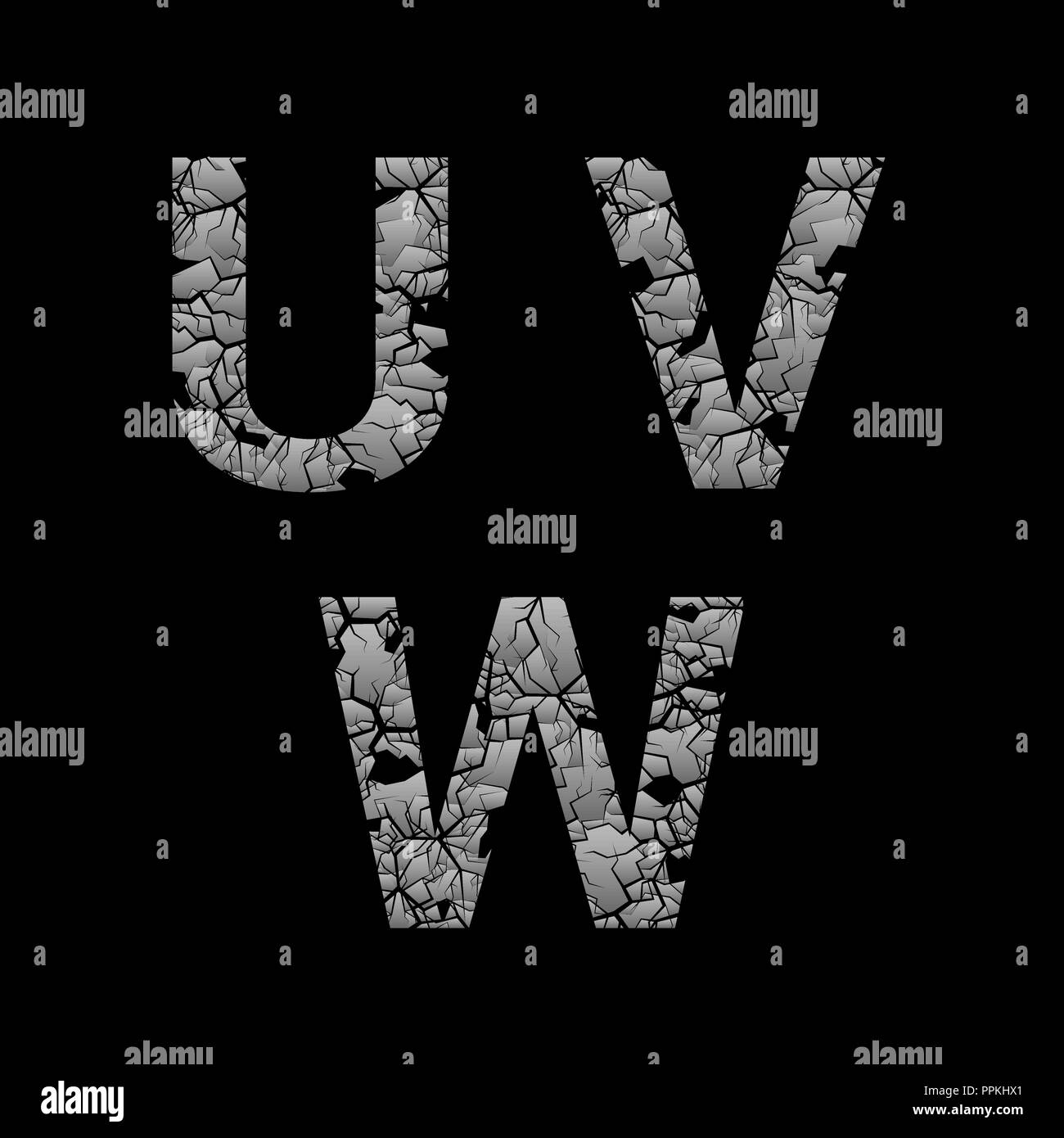 Silver broken U V W letters, Old cracked letters. Vector illustration