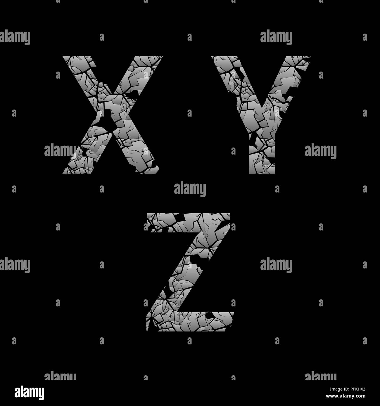 Silver broken X Y Z letters, Old cracked letters. Vector illustration ...