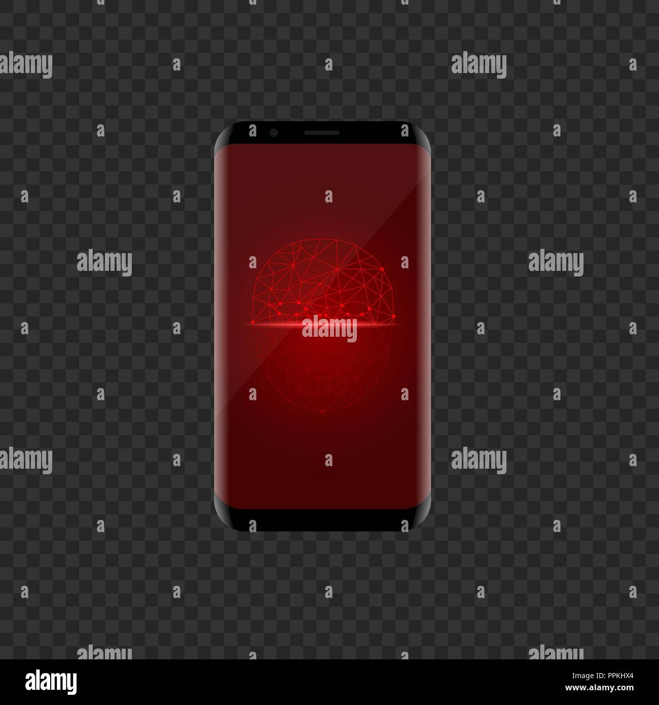 Smartphone with red face scan icon. Facial recognition system Stock Vector