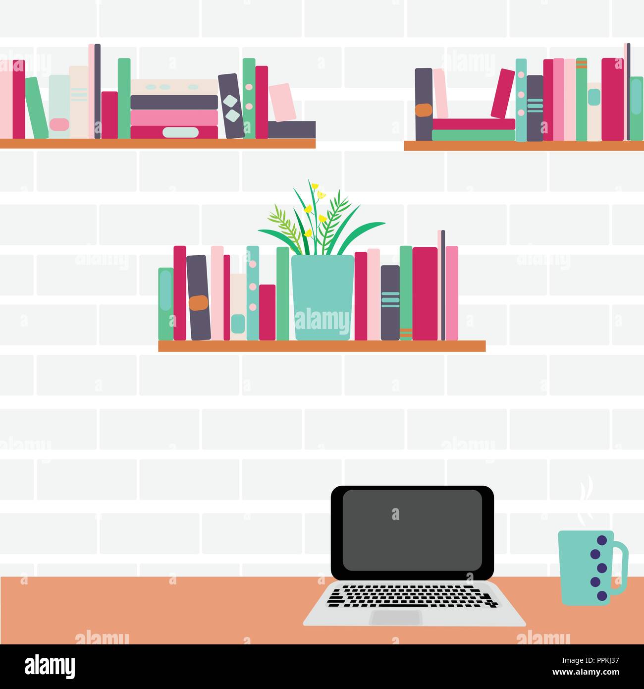 Vector illustration. Workplace. Computer and bookshelves on a brick wall Stock Vector