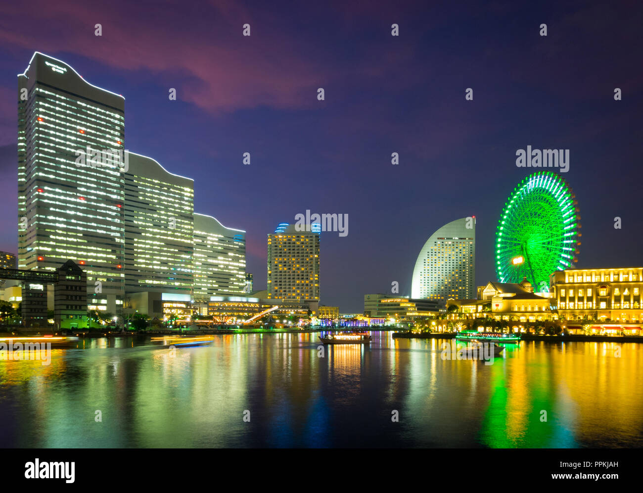 The beautiful Yokohama skyline and Yokohama waterfront at Minato-Mirai, and the Cosmo Clock 21 Ferris wheel  Yokohama, Kanagawa Prefecture, Japan. Stock Photo