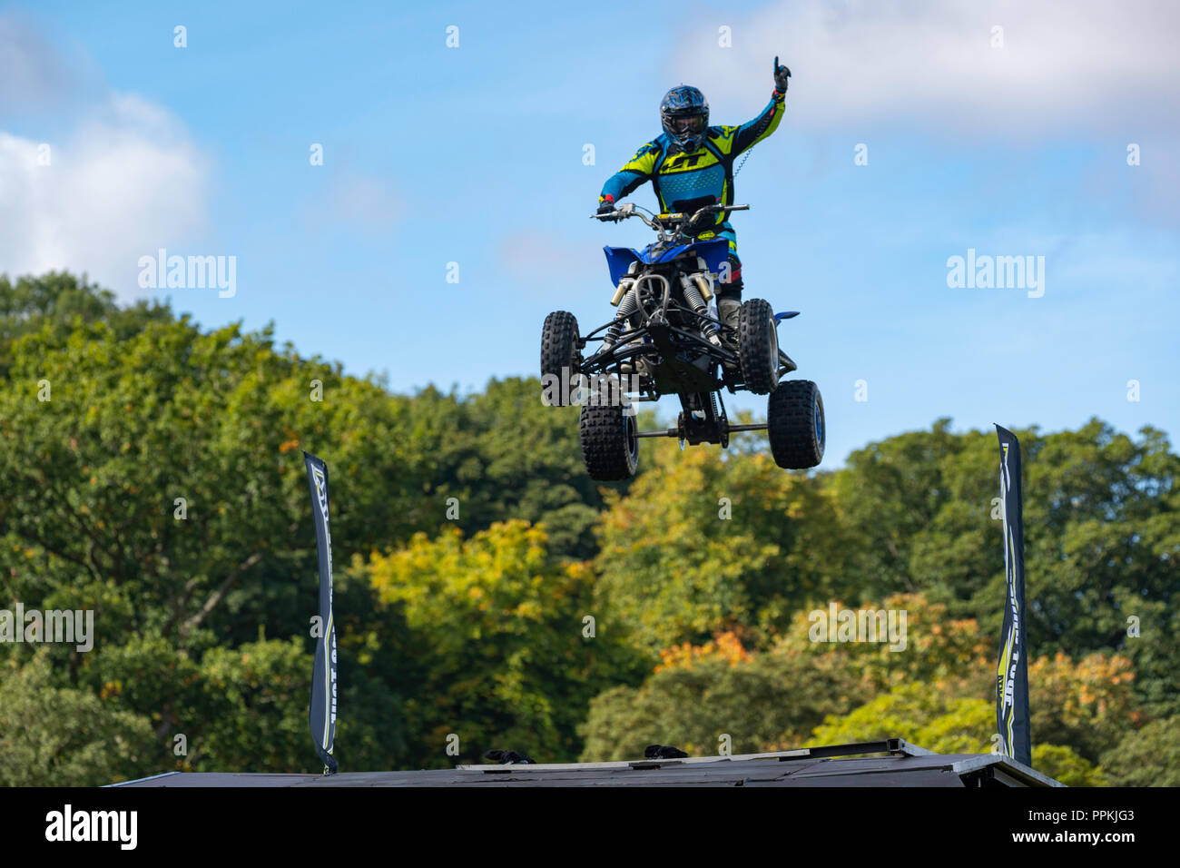 Quad Bike stuntman performing a midair jump at The Nidderdale Show, Pateley Bridge, North