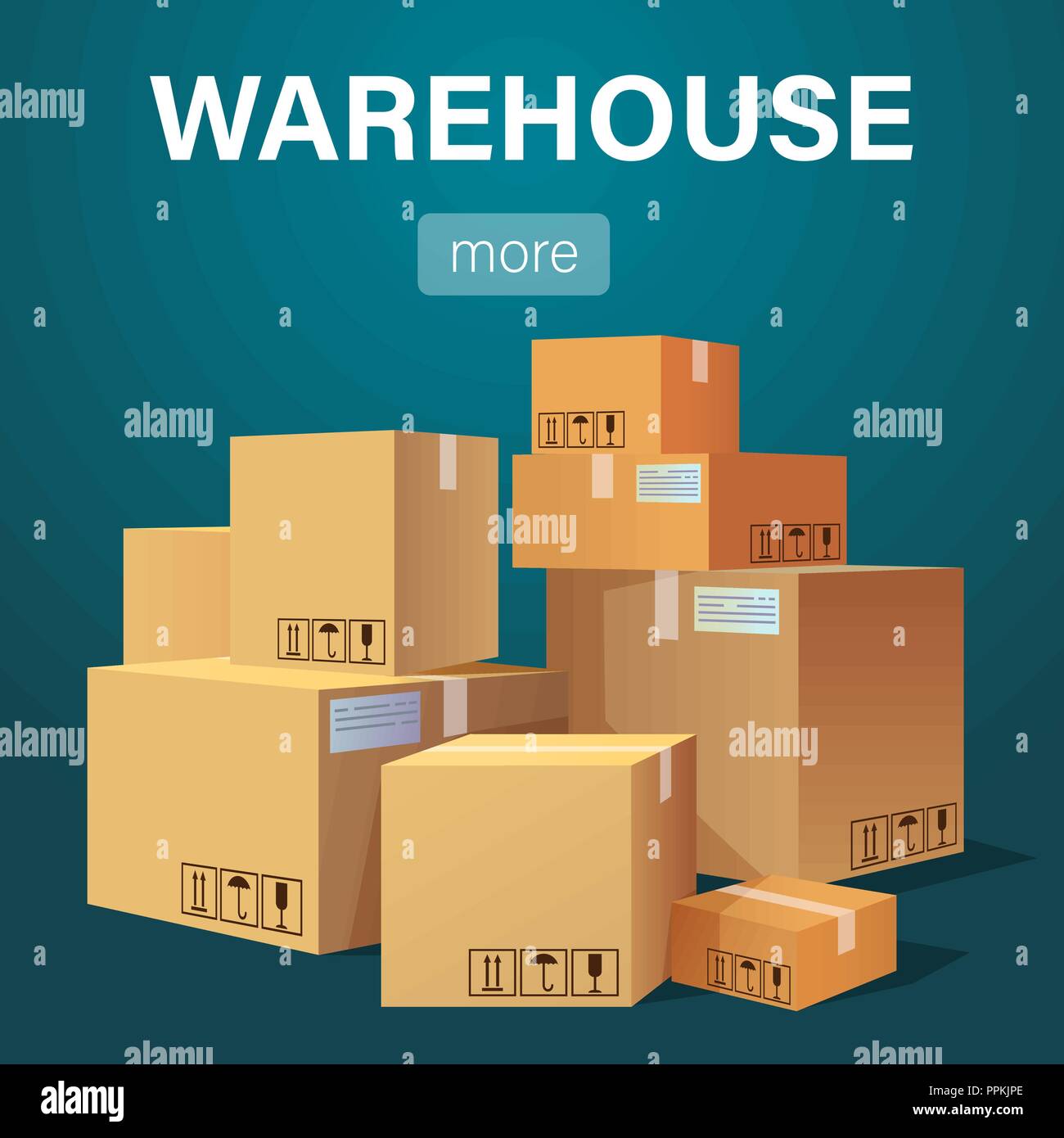 Warehouse banner with pile of stacked sealed goods cardboard boxes. Flat style vector illustration Stock Vector