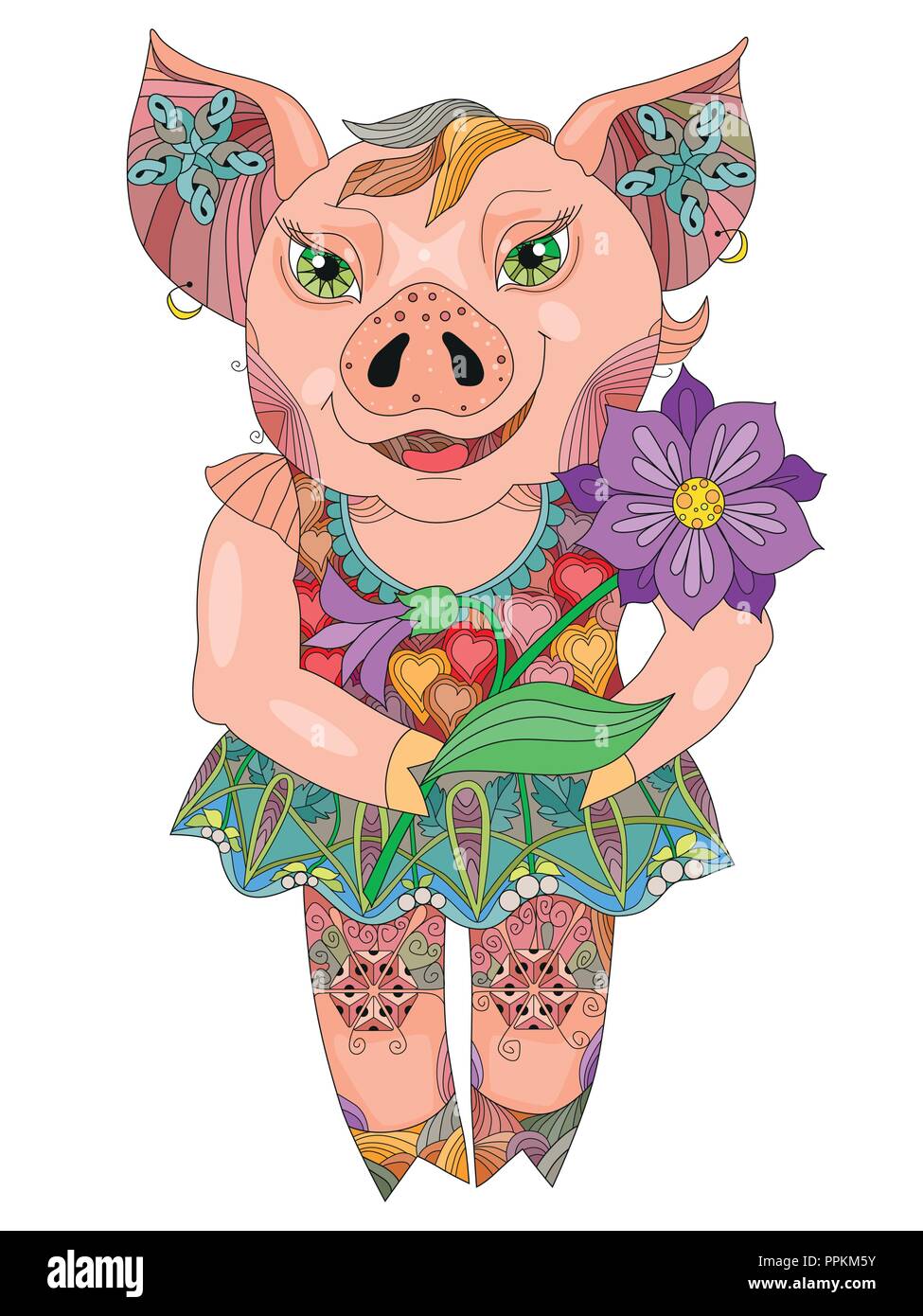 Zentangle illustration with pig. Zen tangle or doodle piglet. Stock Vector