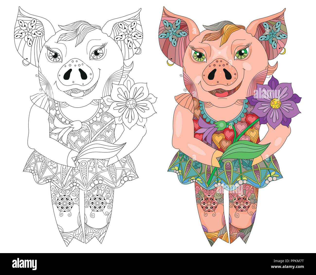 Zentangle illustration with pig. Zen tangle or doodle piglet. Pig for coloring and painted specimen Stock Vector