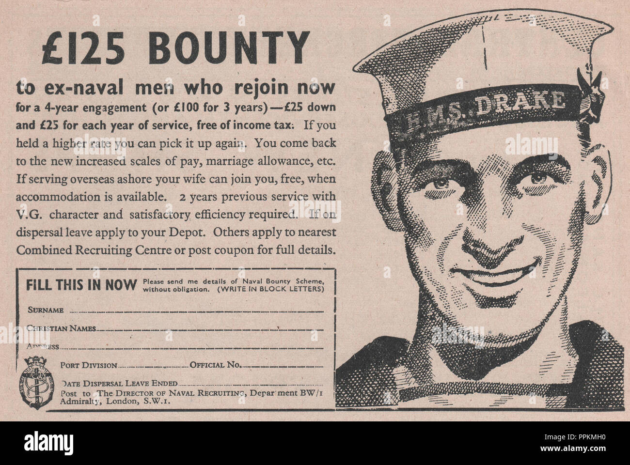 Vintage Royal Navy recruitment magazine advertisement for careers in the navy offering a bounty for ex-naval to rejoin the service published November 1946. Stock Photo