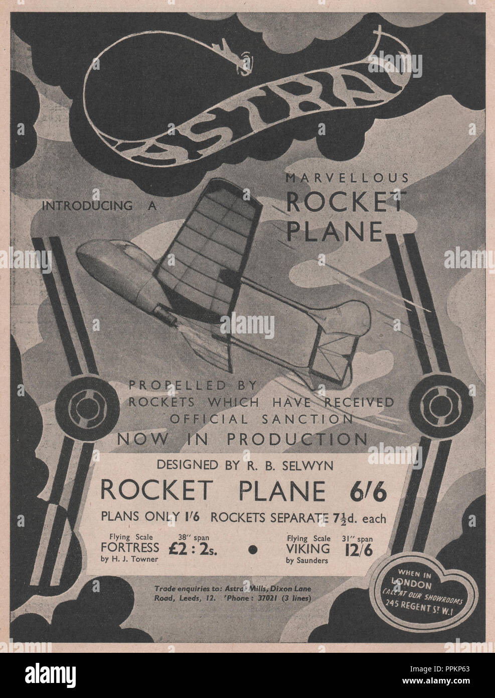 Vintage advert for the Astral Aero Model Company (defunct company) in the Aeromodeller magazine dated November 1946 showing a rocket powered model airplane from the same period Stock Photo