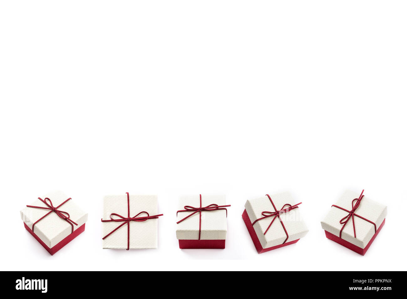 gift boxes collage seen from different angles isolated on white background. Copyspace Stock Photo