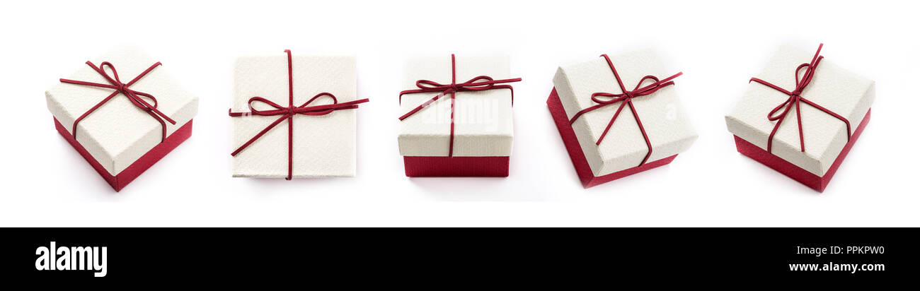 gift boxes collage seen from different angles isolated on white background.Panoramic view Stock Photo