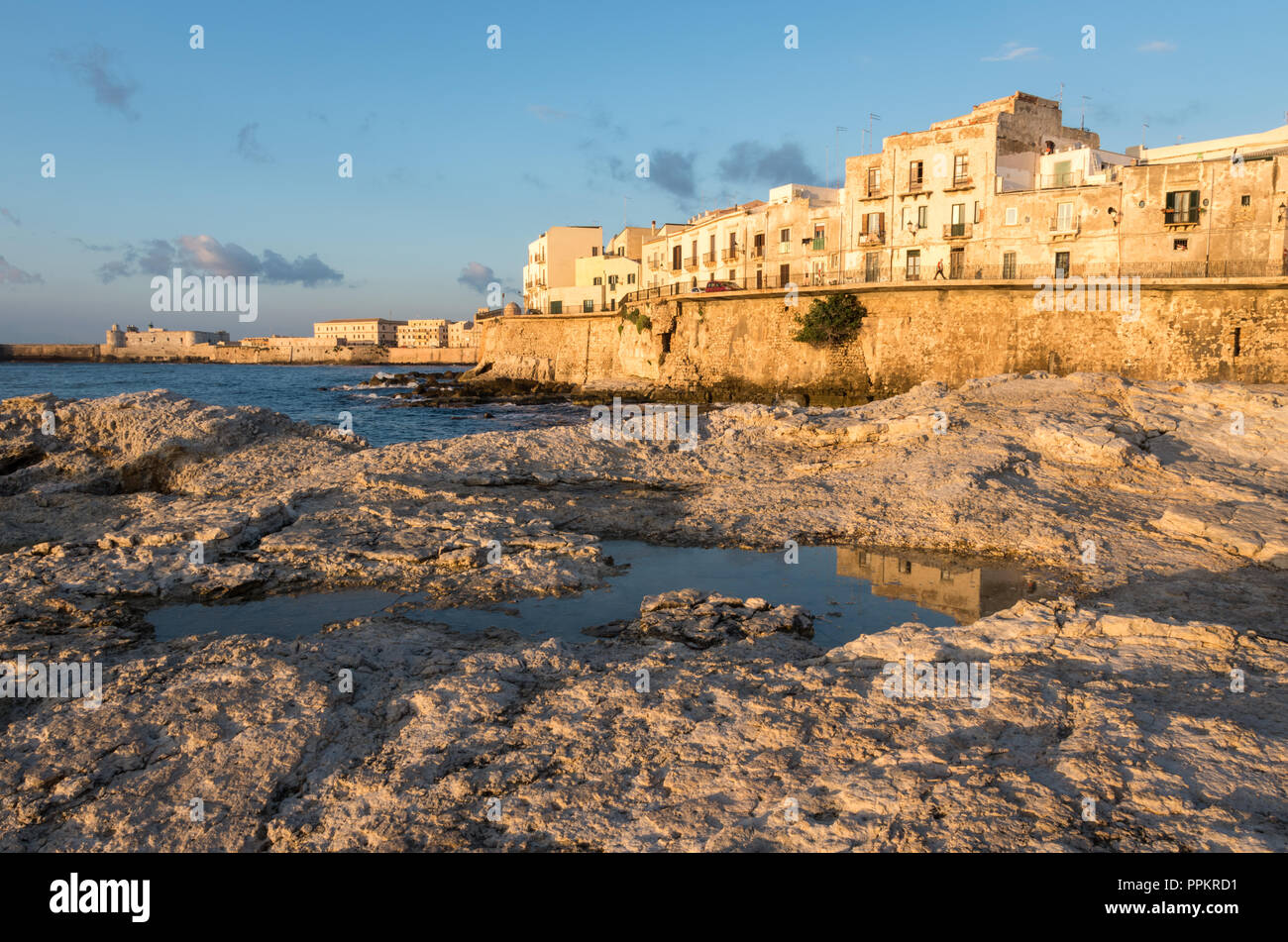 Morning on the shores of Ortygia, Syracuse City, Italy. Stock Photo